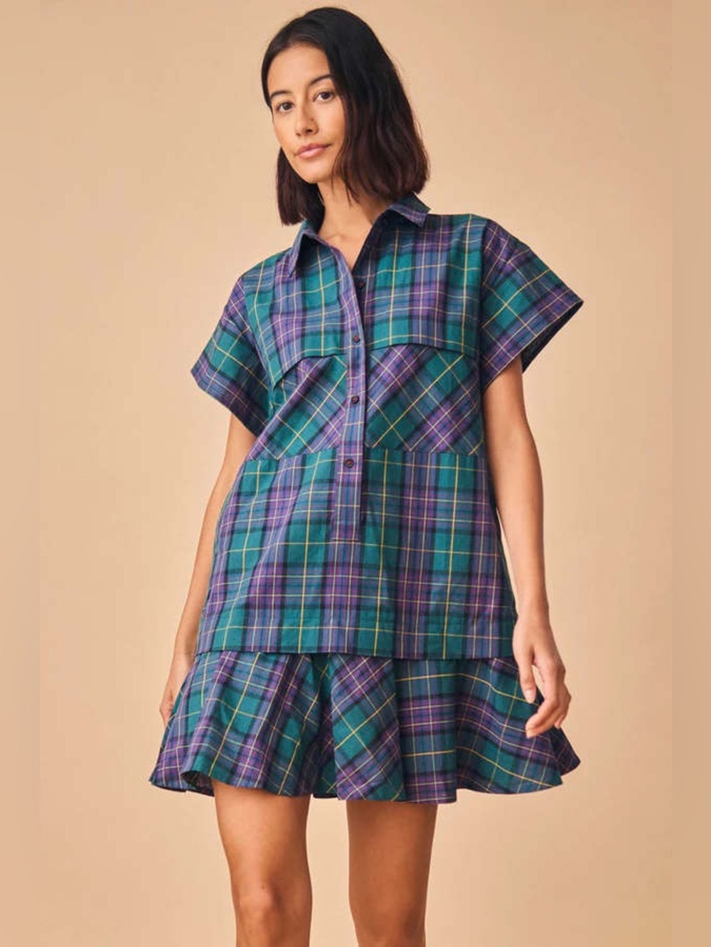 HUNTER BELL Addison Mini Dress Drop Waist Green Tartan Plaid Size Small VGUC